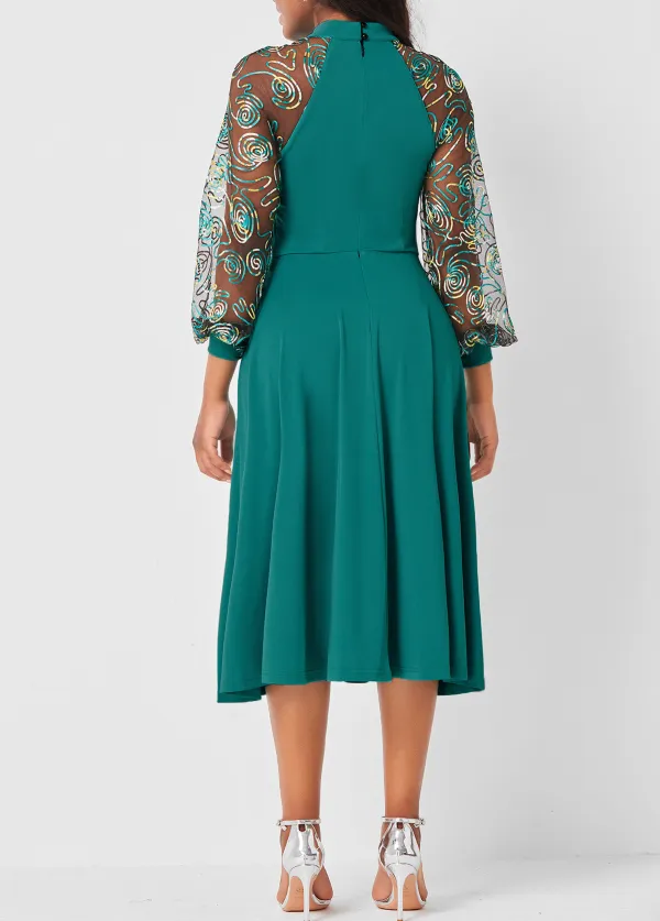 Green Sheer Mesh Decorative Button Dress