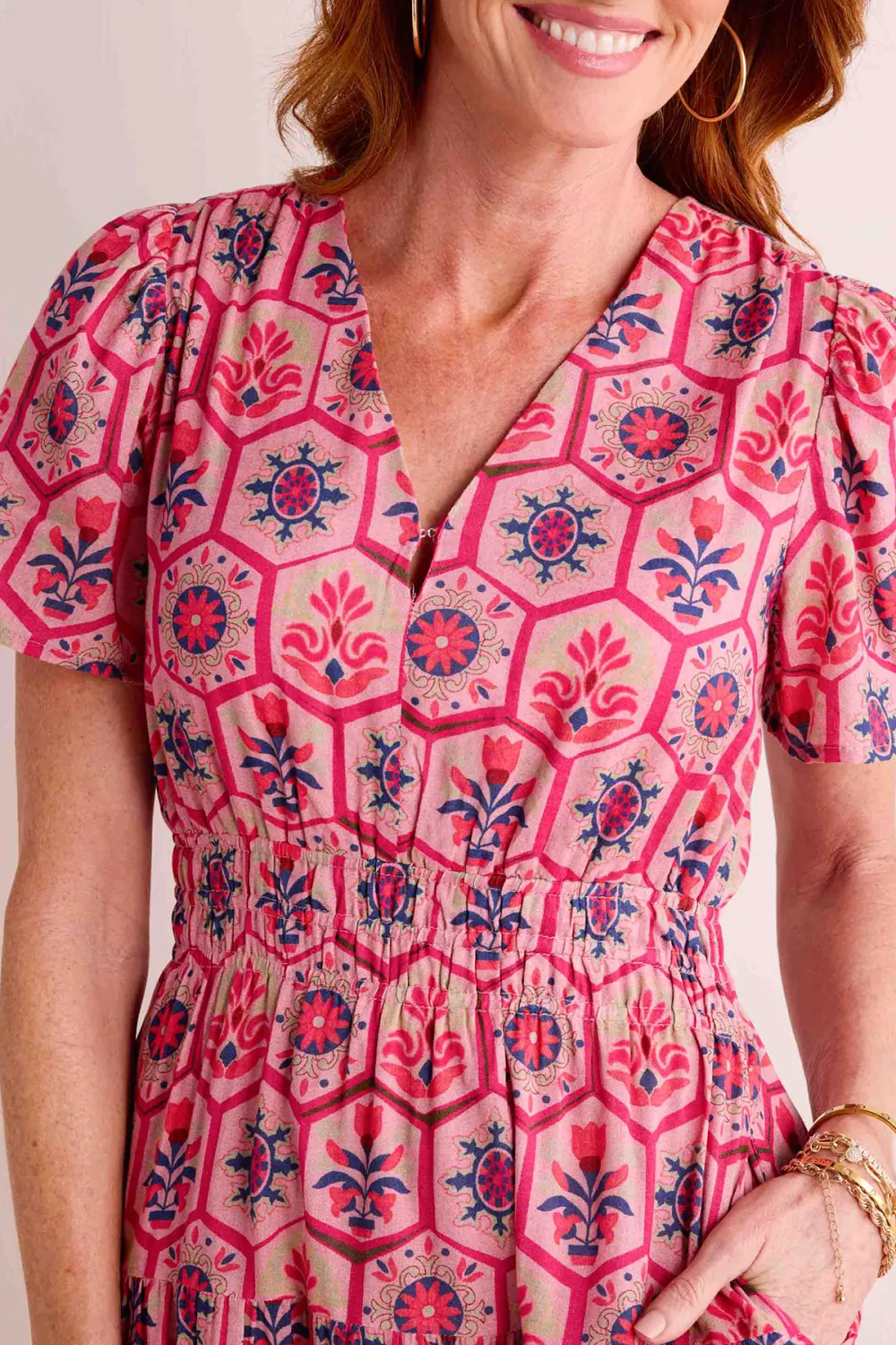 Pink Floral Print Short Sleeve Tiered Maxi Dress