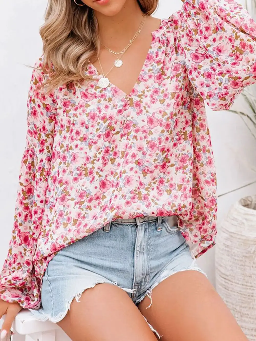 Floral Print V Neck Long Sleeve Blouse