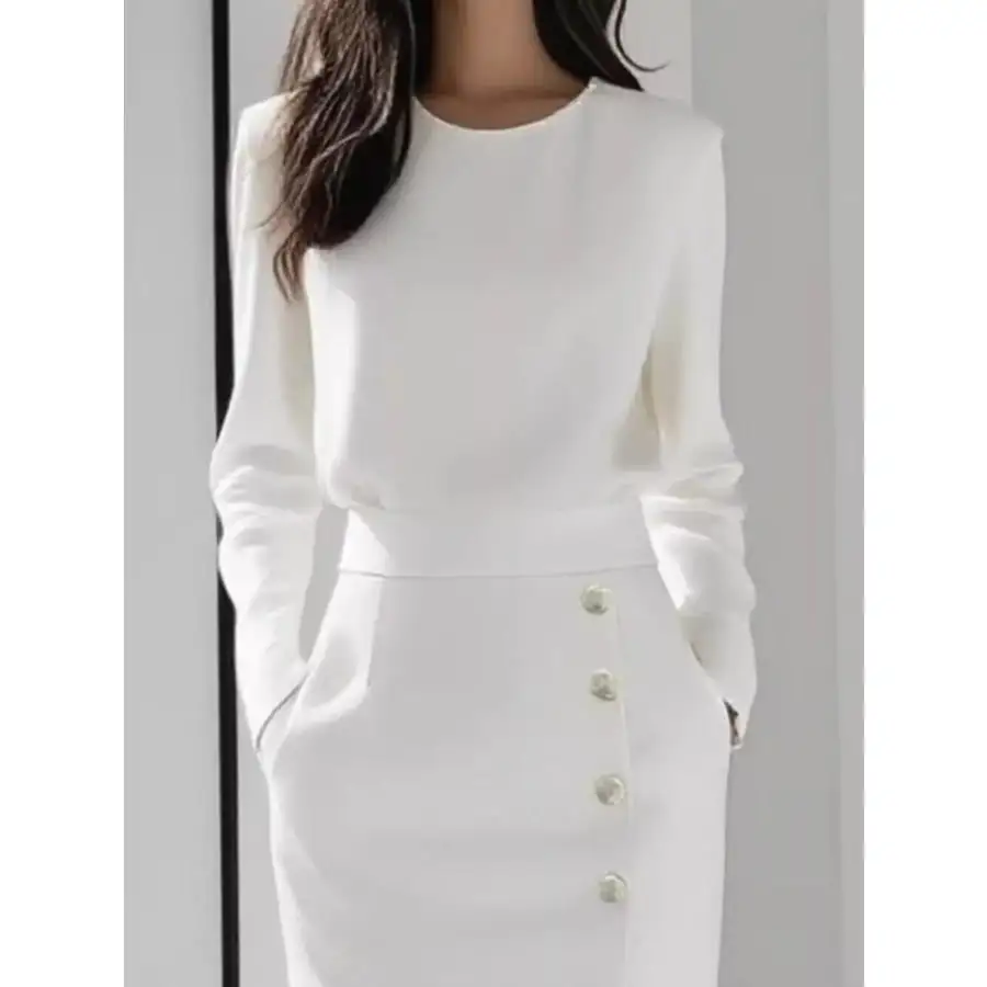 Long Sleeve Button Detail Midi Dress with Side Slit