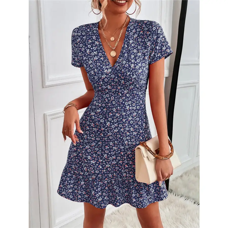 Ruffled Hem V-Neck Short Sleeve Mini Dress