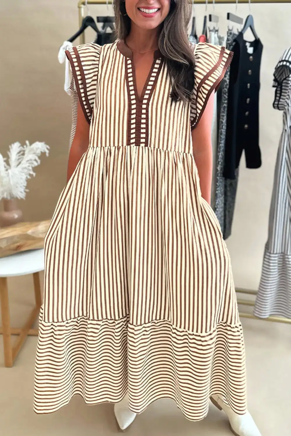 Lightweight Feel Striped V Neck Ruffle Midi Dress