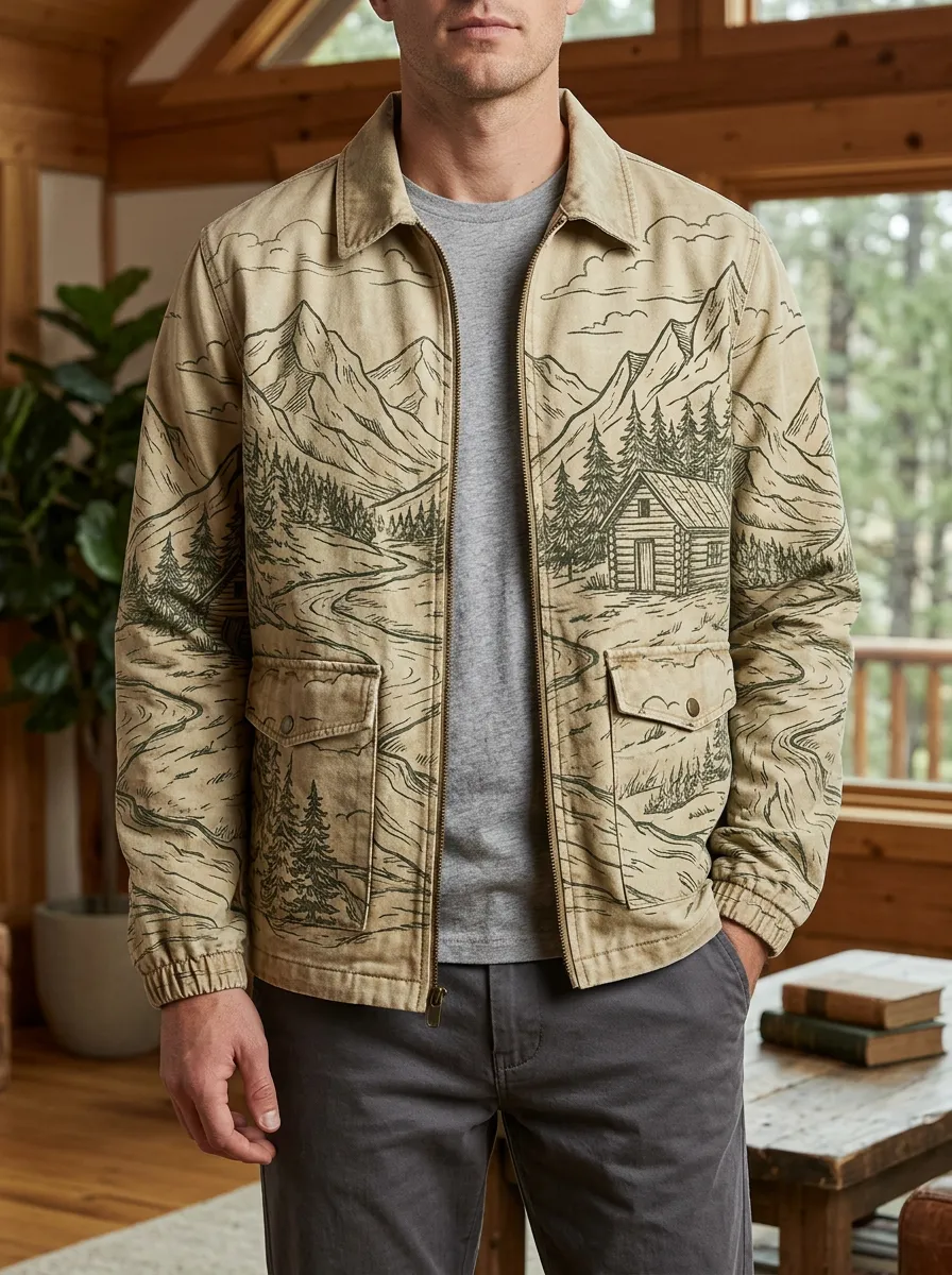 Men's Nature Lover Mountain Cabin Printed Jacket