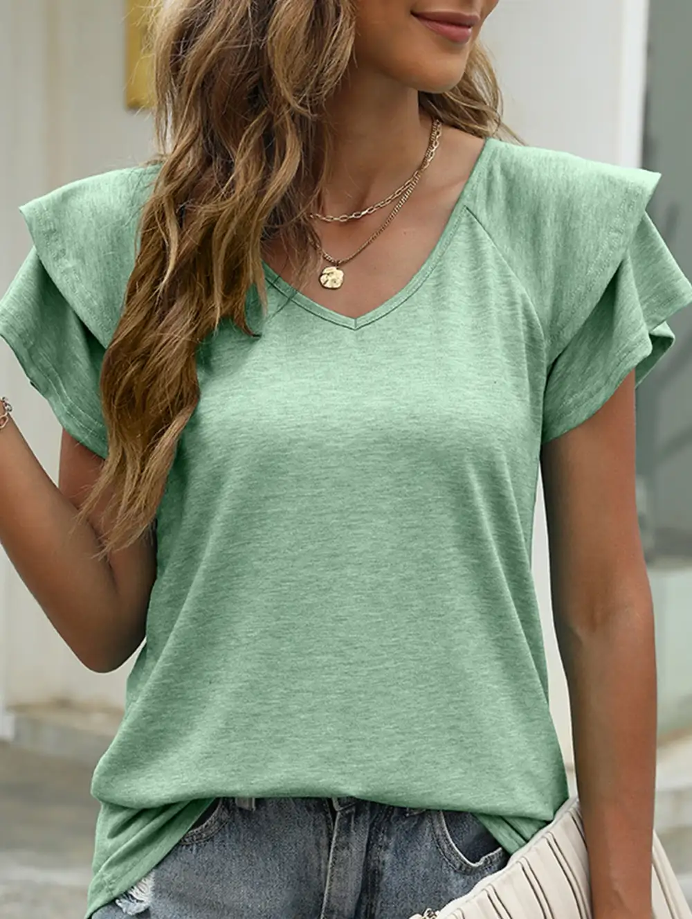 Solid Color V-Neck Ruffle Sleeve T-Shirt
