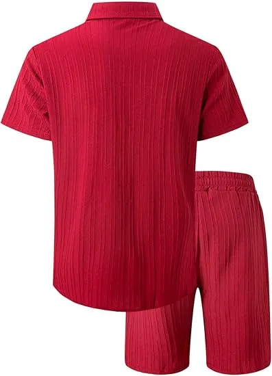 Men'S Solid Textured Short Sleeve Button Front Shirt & Pocket Drawstring Waist Shorts Two-Piece Set, Casual Summer Outfits Clothes Set For Men, Sets For Men Clothing, Menswear,  Summer Outfits Set
