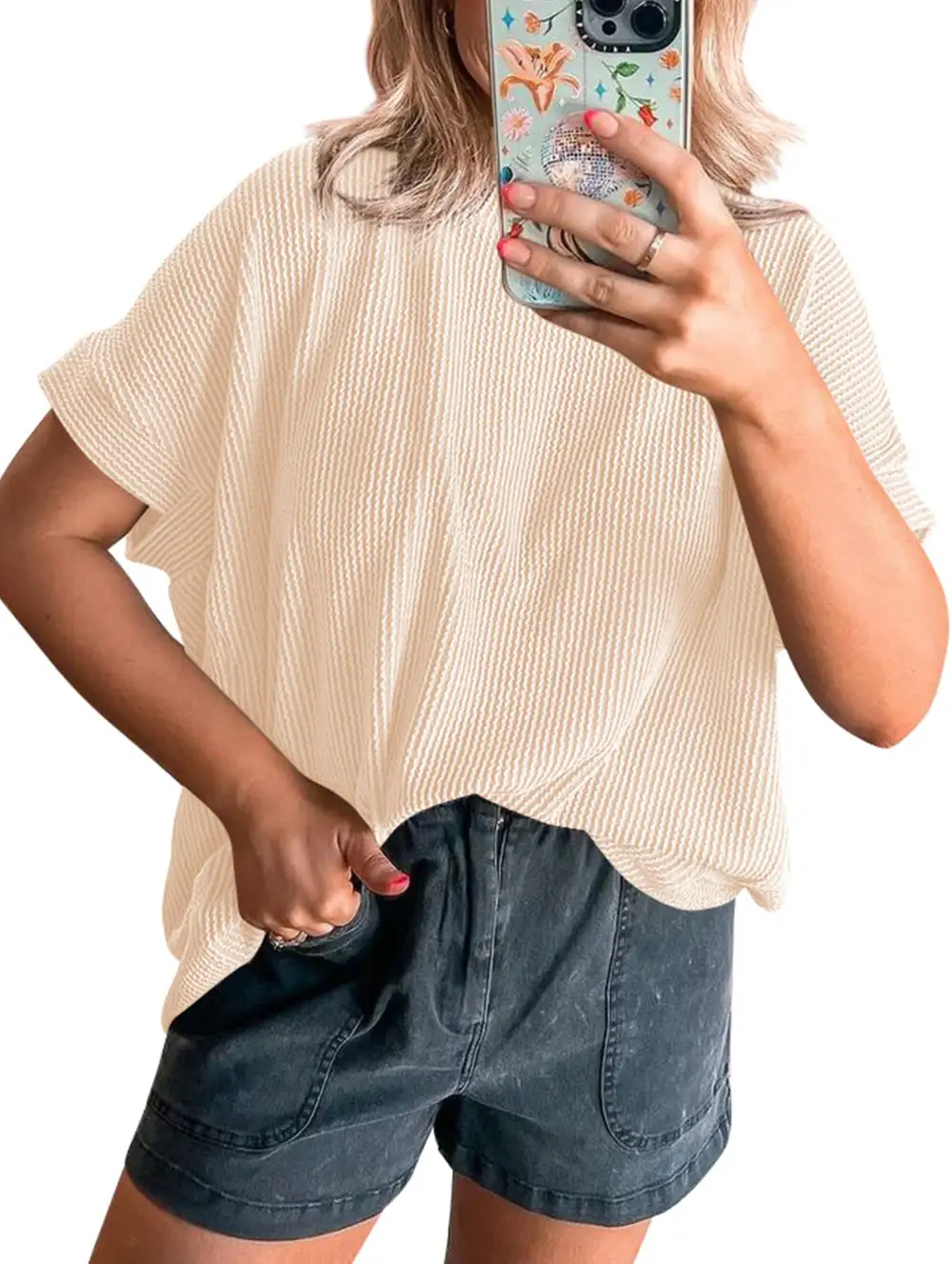 Ribbed Knit Crew Neck Tee