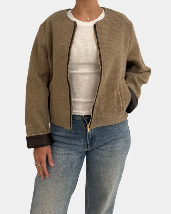 Leather Trim Zip Front Jacket