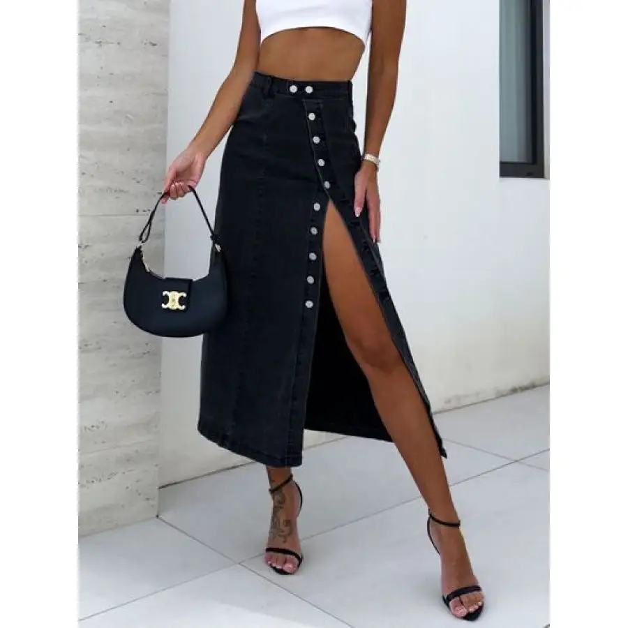 Front Button Slit Midi Denim Skirt