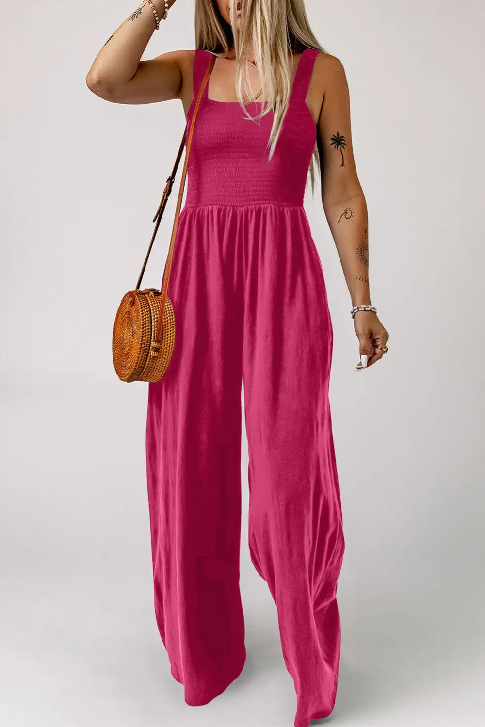 Smocked Square Neck Wide Leg Jumpsuit