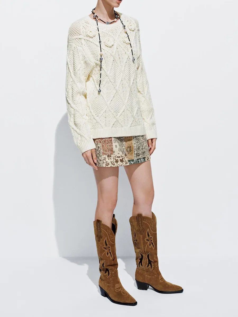 Ladies' Round-Neck Bohemian-Style Knitted Sweater