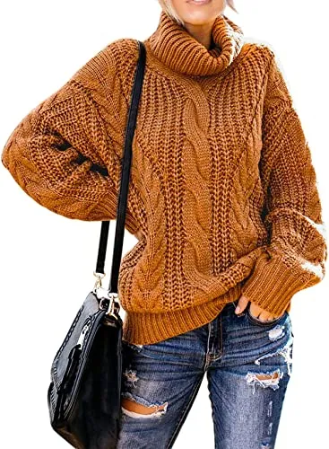 Women's 2025 Turtleneck Balloon Long Sleeve Casual Loose Chunky Cable Knit Pullover Sweater Outerwear