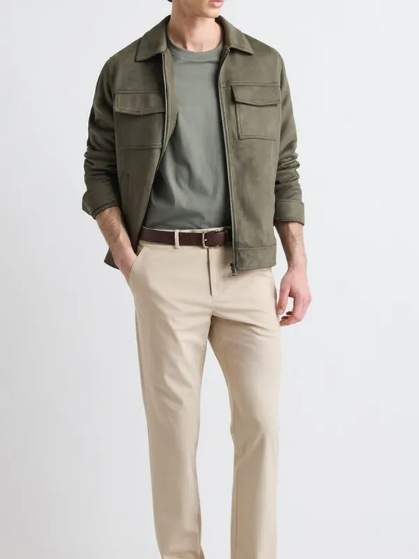 Olive Green Suede Like Utility Jacket