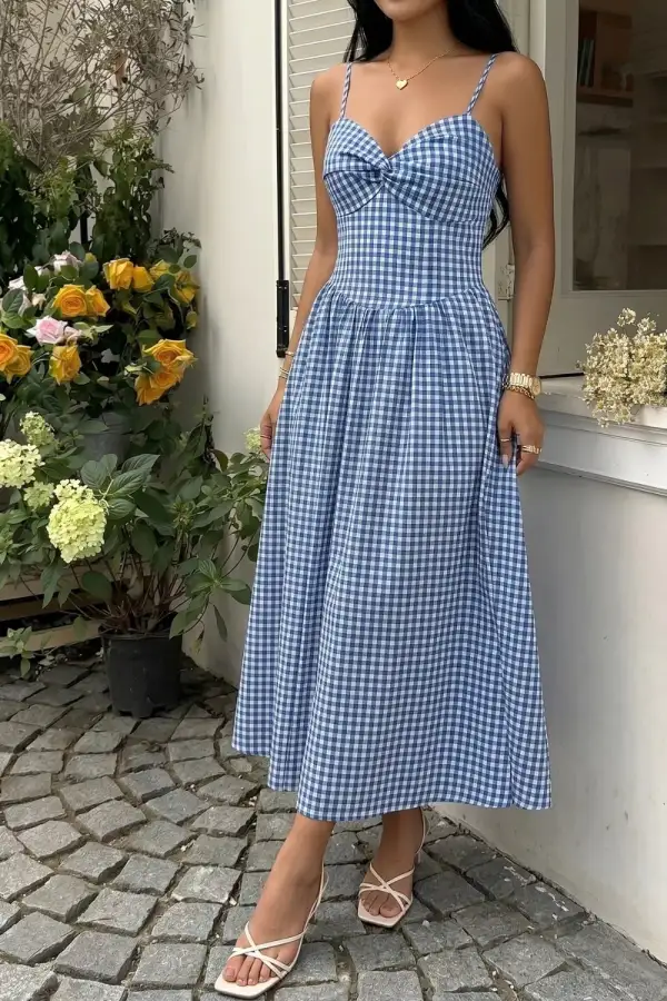 Gingham Knot Front Cami Midi Dress
