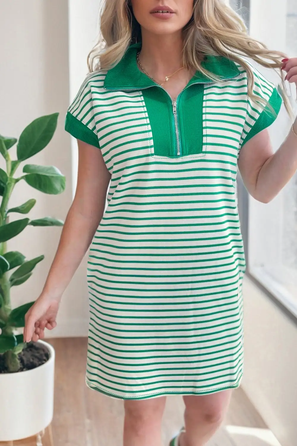 Textured Detail Striped Zip Front Pocketed Shirt Dress