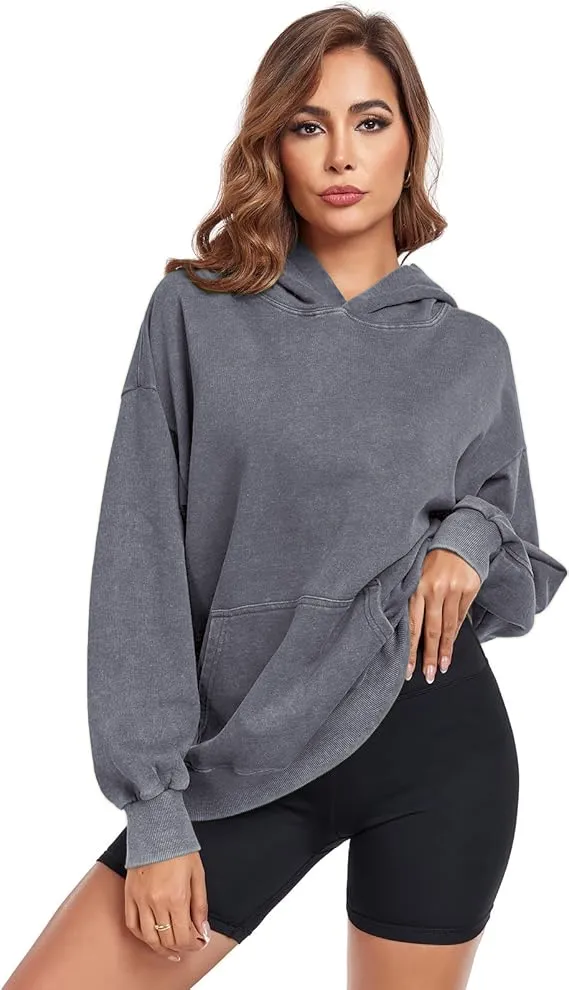 Women's Oversized Acid Wash Cotton Hoodie Minimalist Design Loose Fit with Kangaroo Pocket