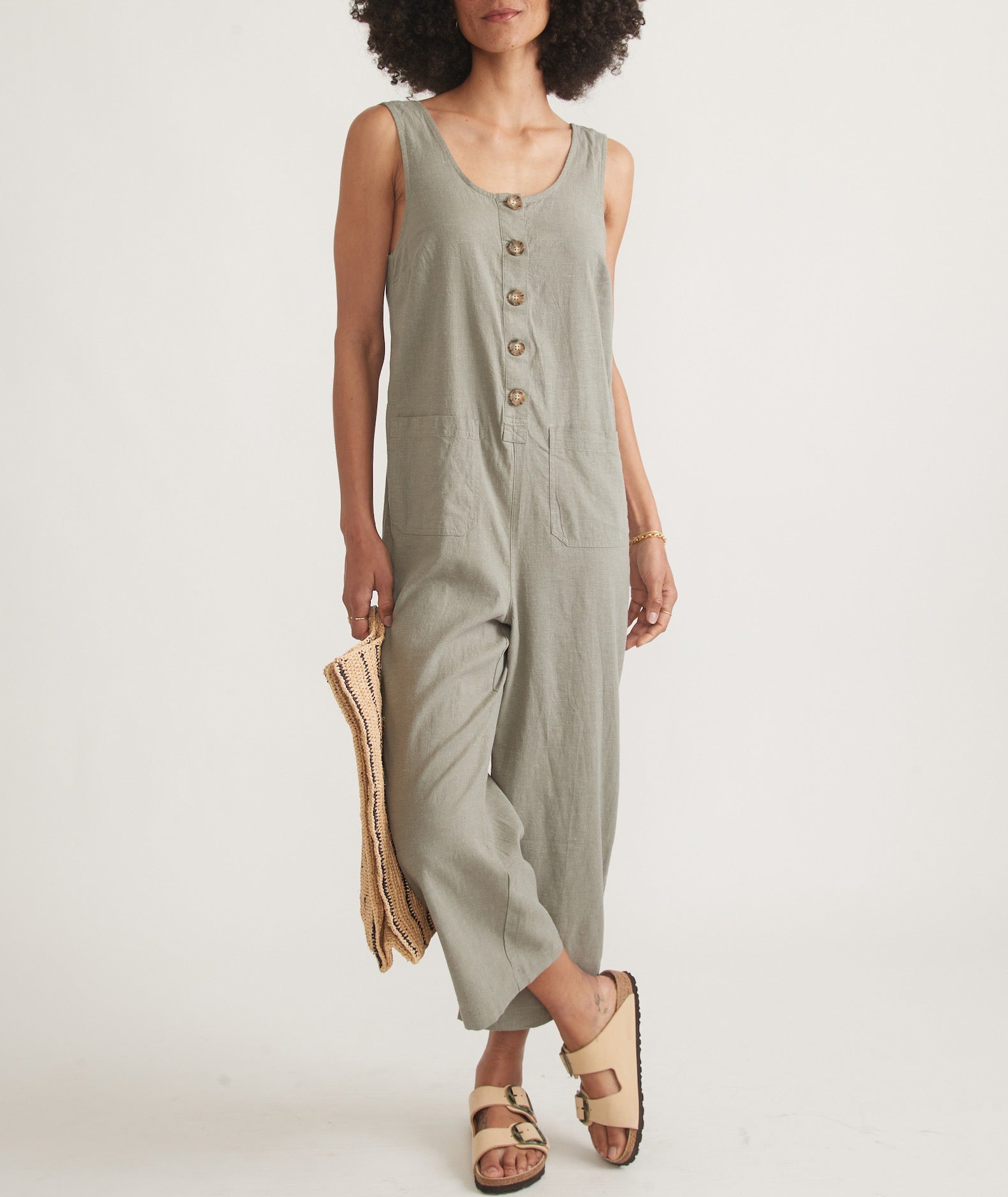 Button-Front Sleeveless Linen Jumpsuit