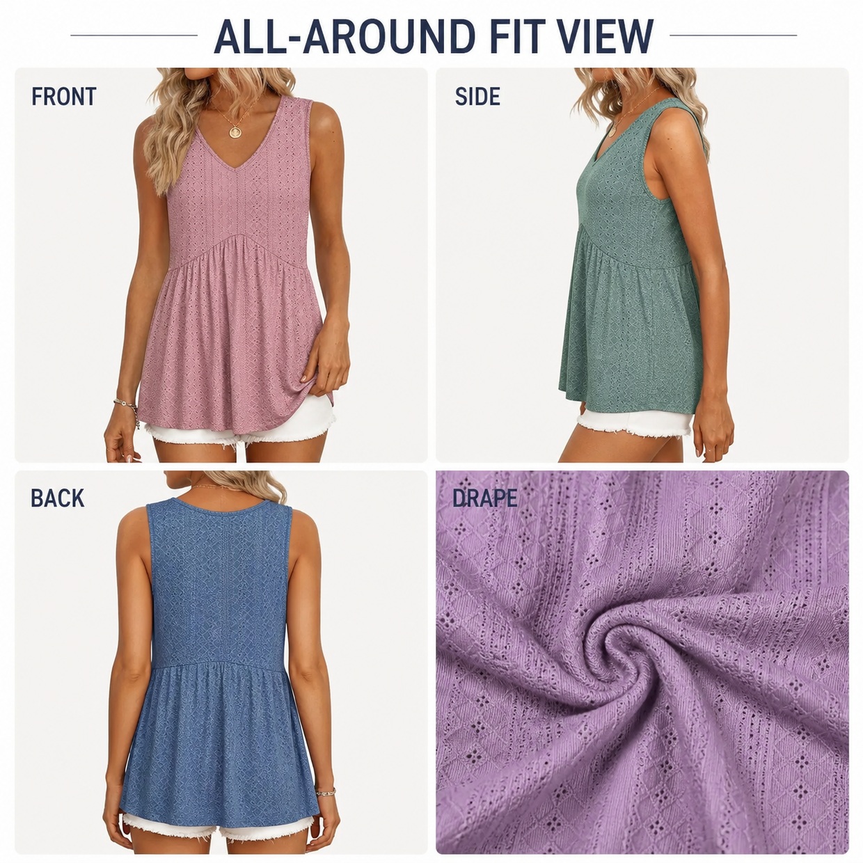 All-around fit view of sleeveless V-neck peplum tank top