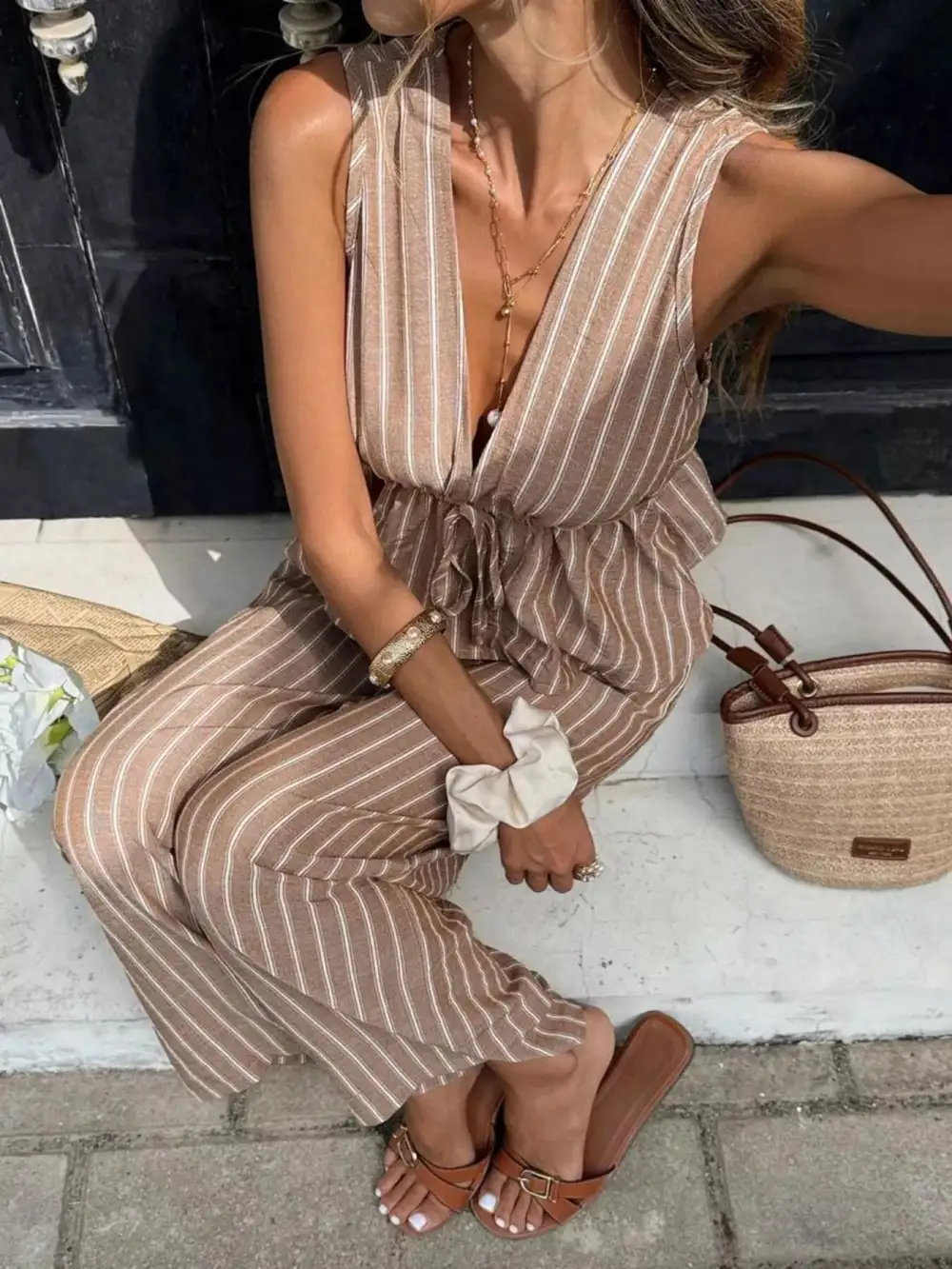 Relaxed Striped Sleeveless Top and Wide Leg Pants Set