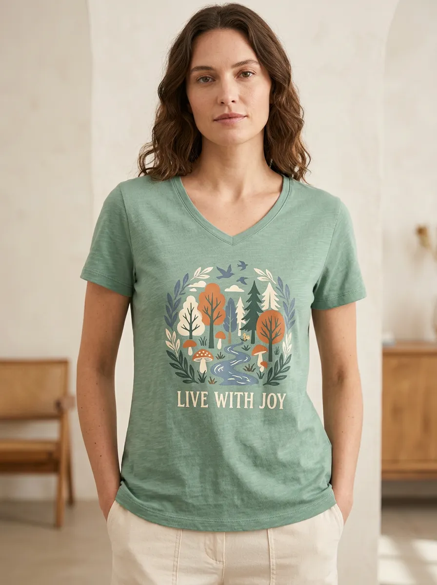 Women's Nature Forest Mushroom Live With Joy Print T-Shirt