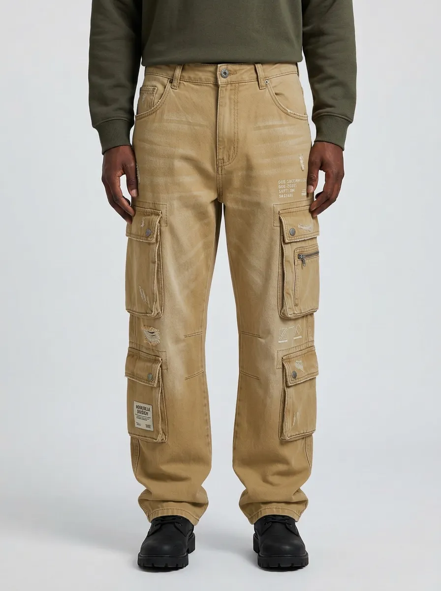 Men's Streetwear Distressed Graphic Printed Cargo Jeans