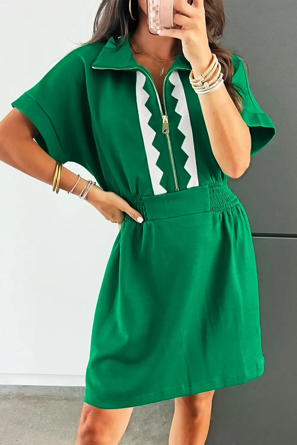 Patchwork Half Zip Front Mini Dress