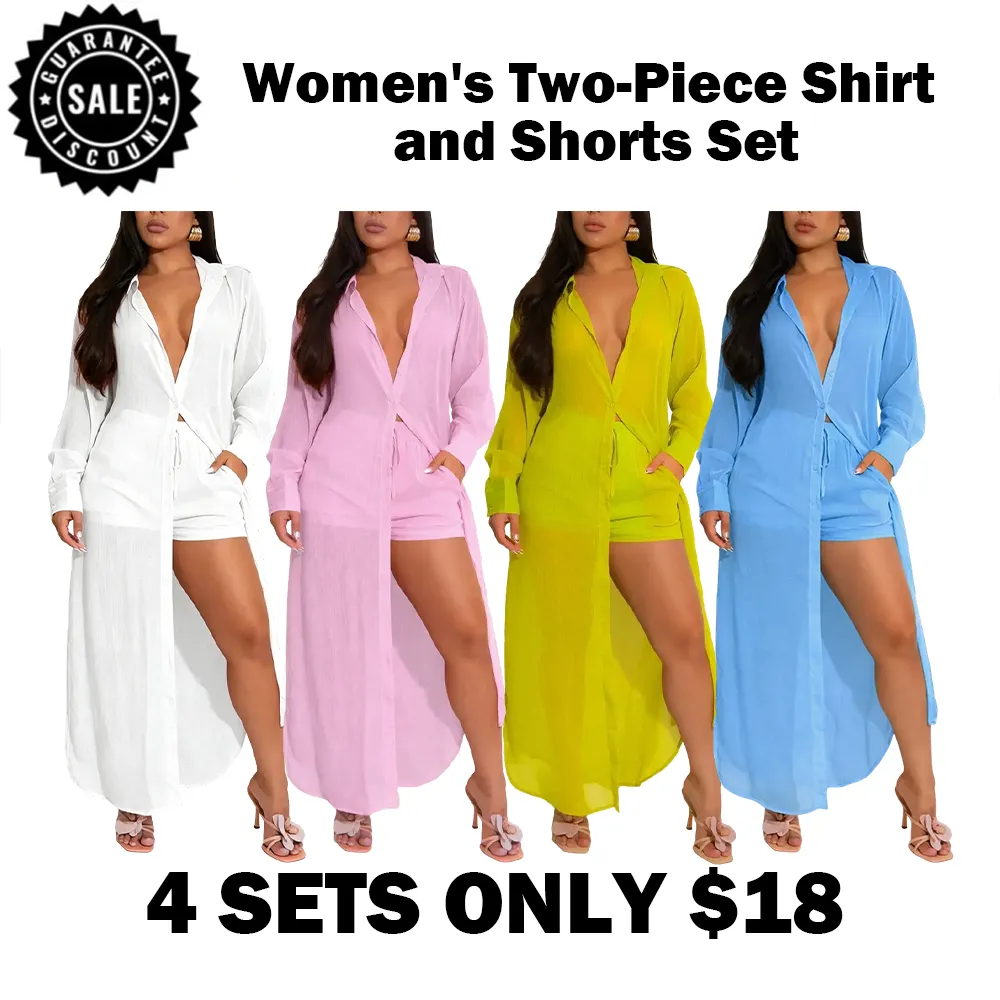 Women's Solid Color Button Front Shirt & Shorts Two-Piece Set