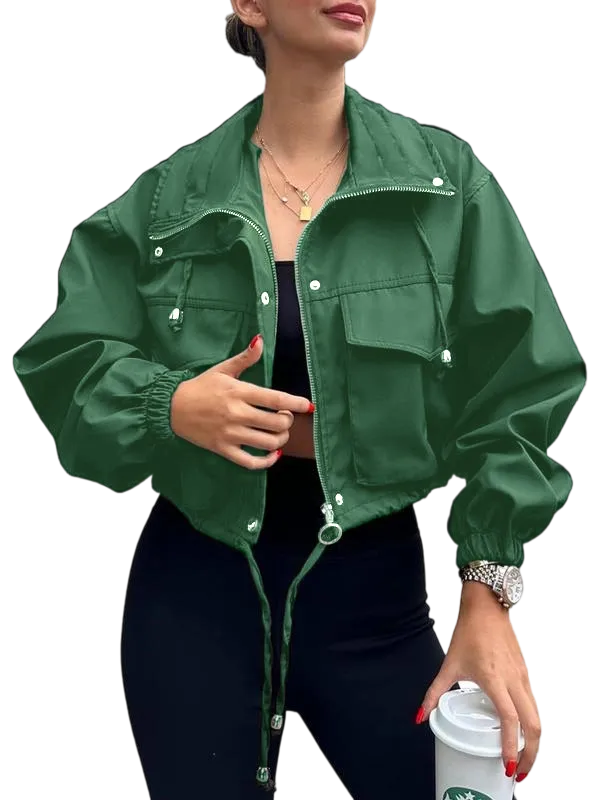 Women's Solid Zip Up Drawstring Hem Jacket, Casual Long Sleeve Collared Outerwear