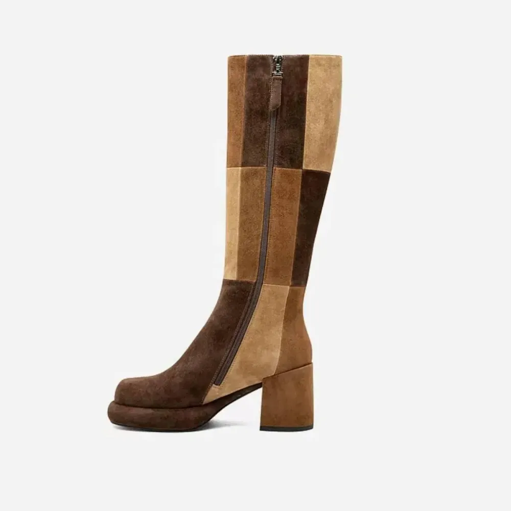 Faux-Suede Zip-Up Patchwork Round-Toe Knee-High Boots