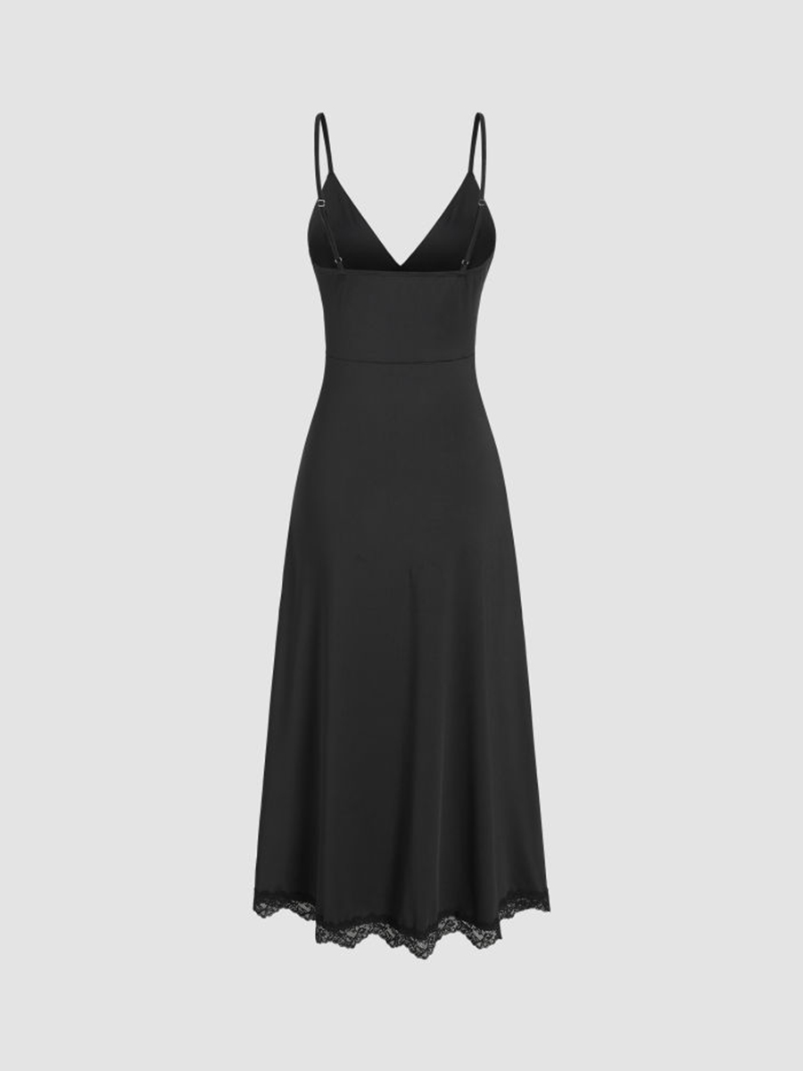 Lace Hem Satin V-Neck Midi Dress