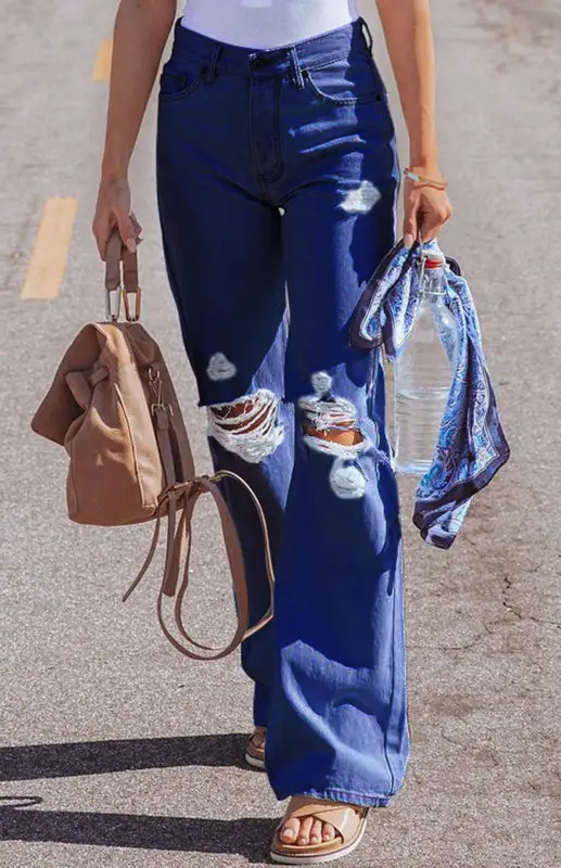 High Waist Wide Leg Ripped Denim Jeans