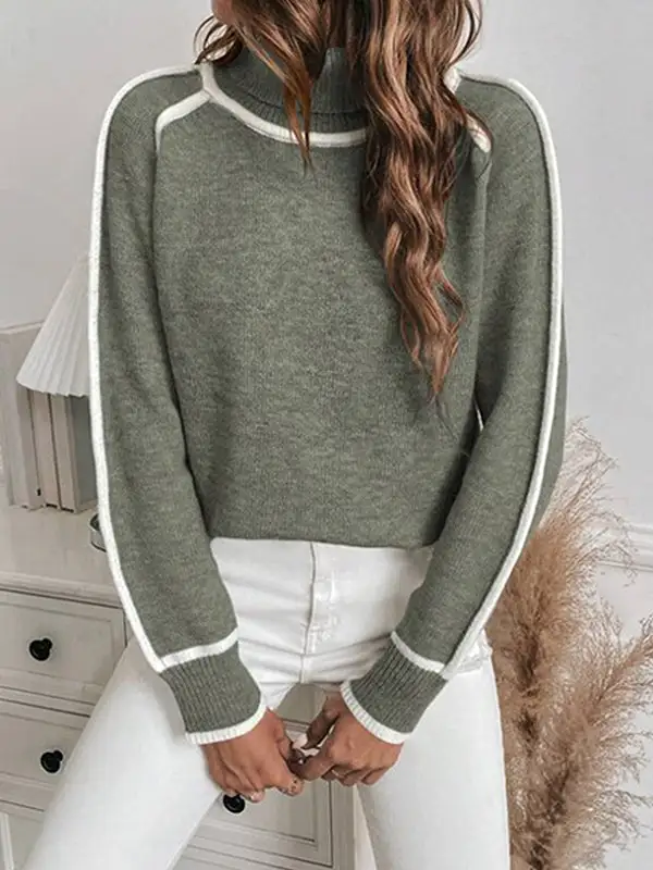 Paneled High Neck Long Sleeve Relaxed Fit Sweater