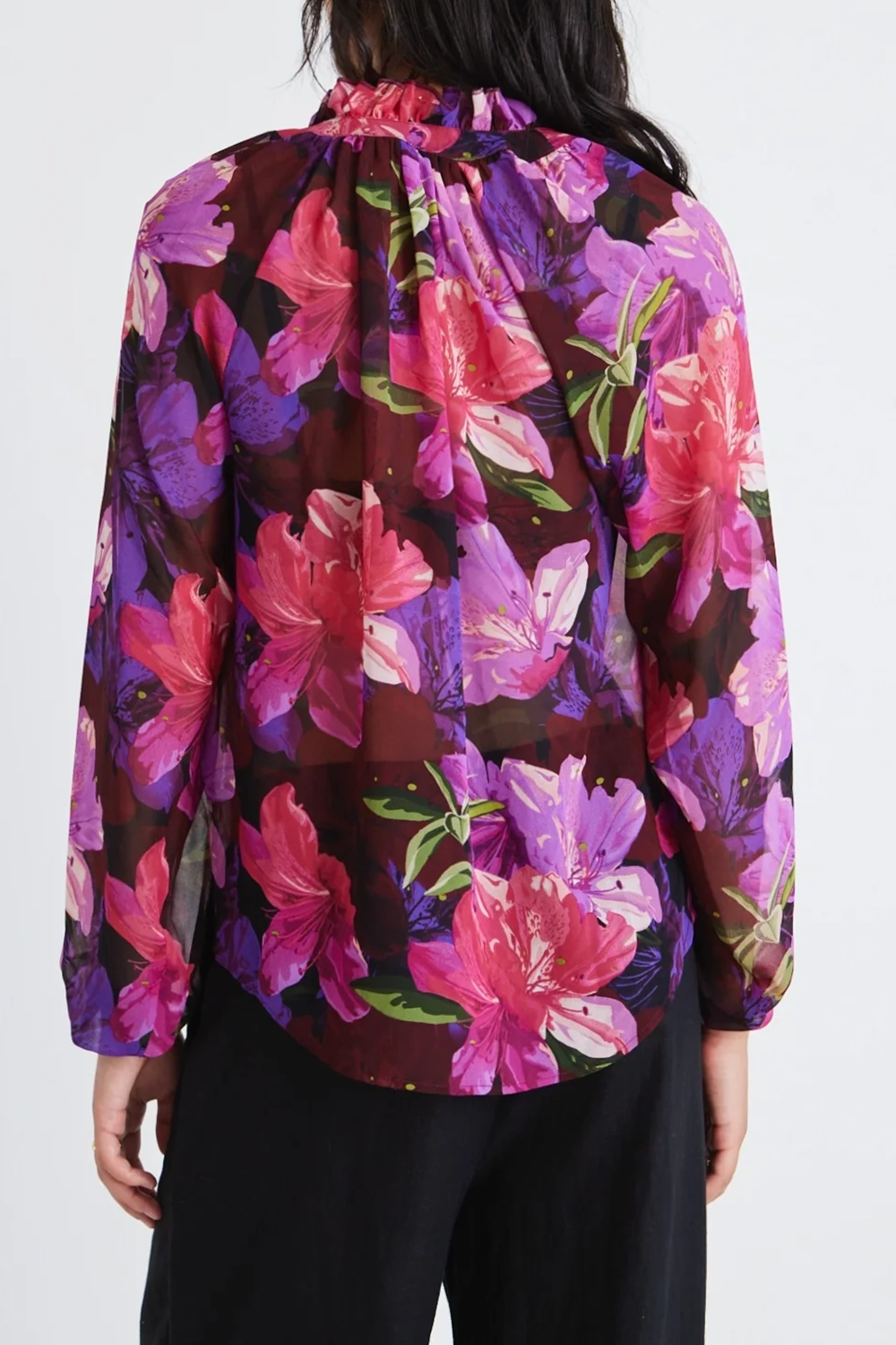 Purple Orchids Georgette Long - Sleeve Blouse