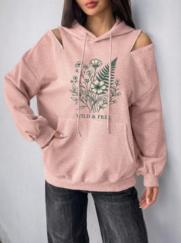 Women's Wild & Free Floral Fern Graphic Cold-Shoulder Hoodie