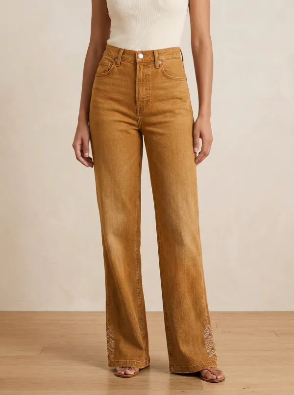 Women's Chevron Embroidered Print Wide-Leg Jeans