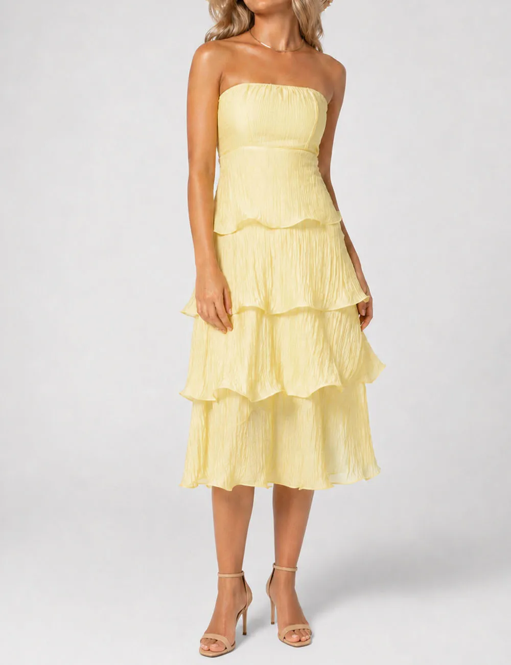Chic Crinkle Strapless Tiered Ruffle Tube Midi Dress