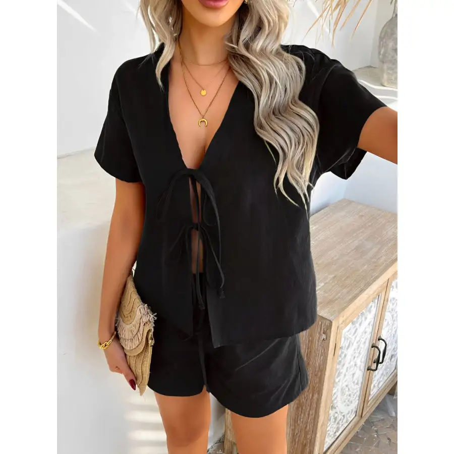Tied V Neck Short Sleeve Top and Shorts Set