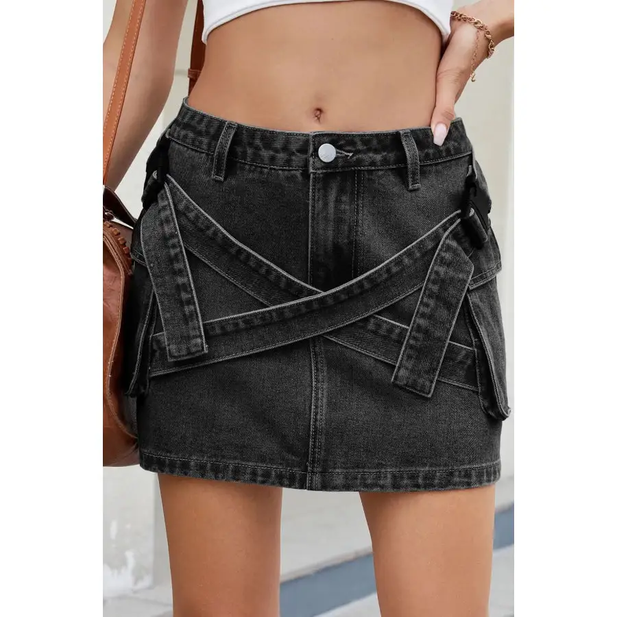 Criss-cross Waist Detail Denim Mini Skirt