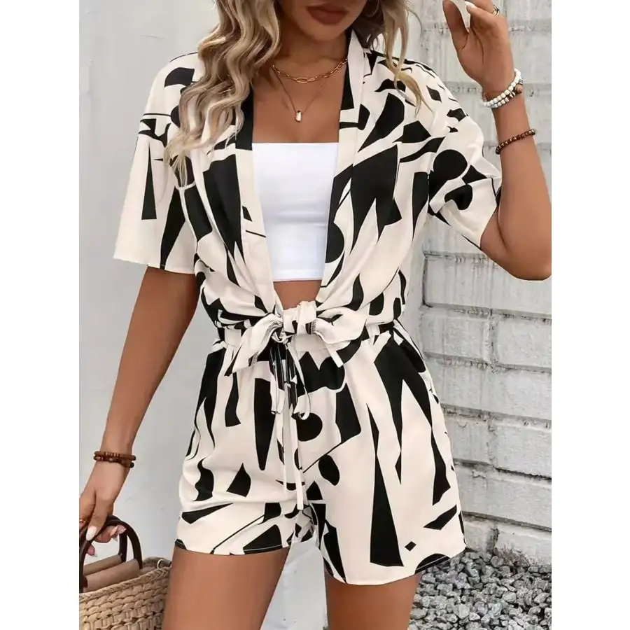 Printed Open Front Cardigan and Shorts Set