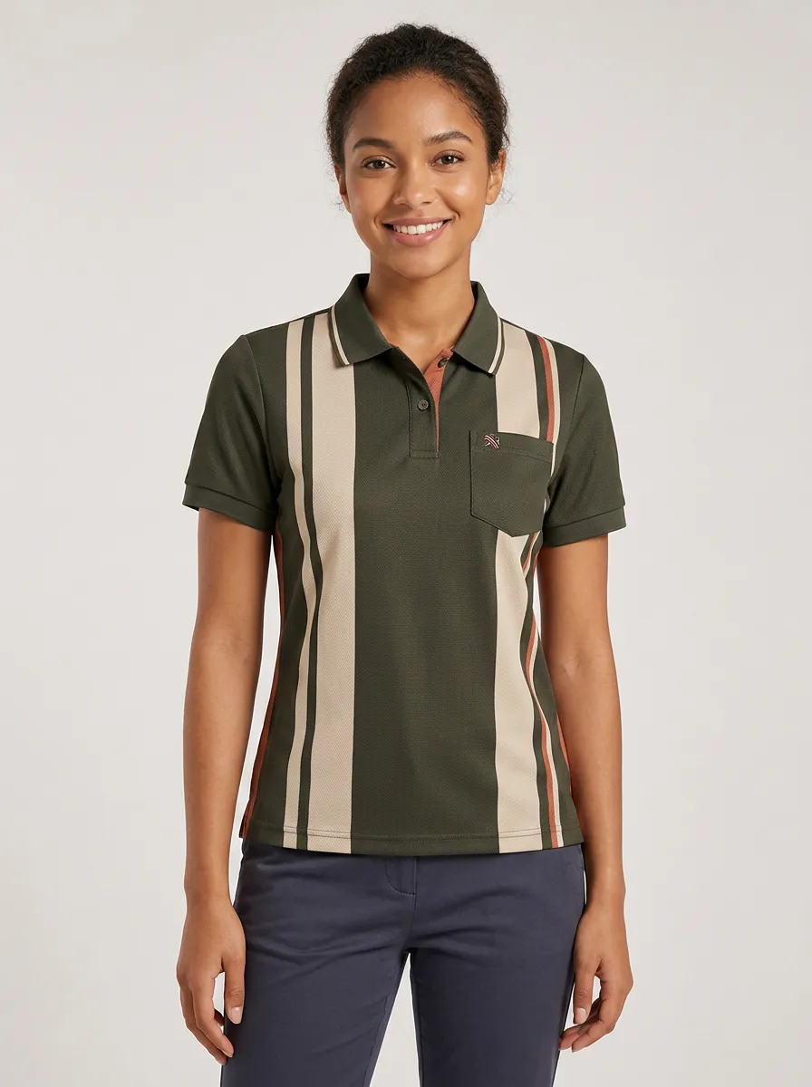 Women's Vintage Style Olive Green Striped Pocket Printed Polo Shirt
