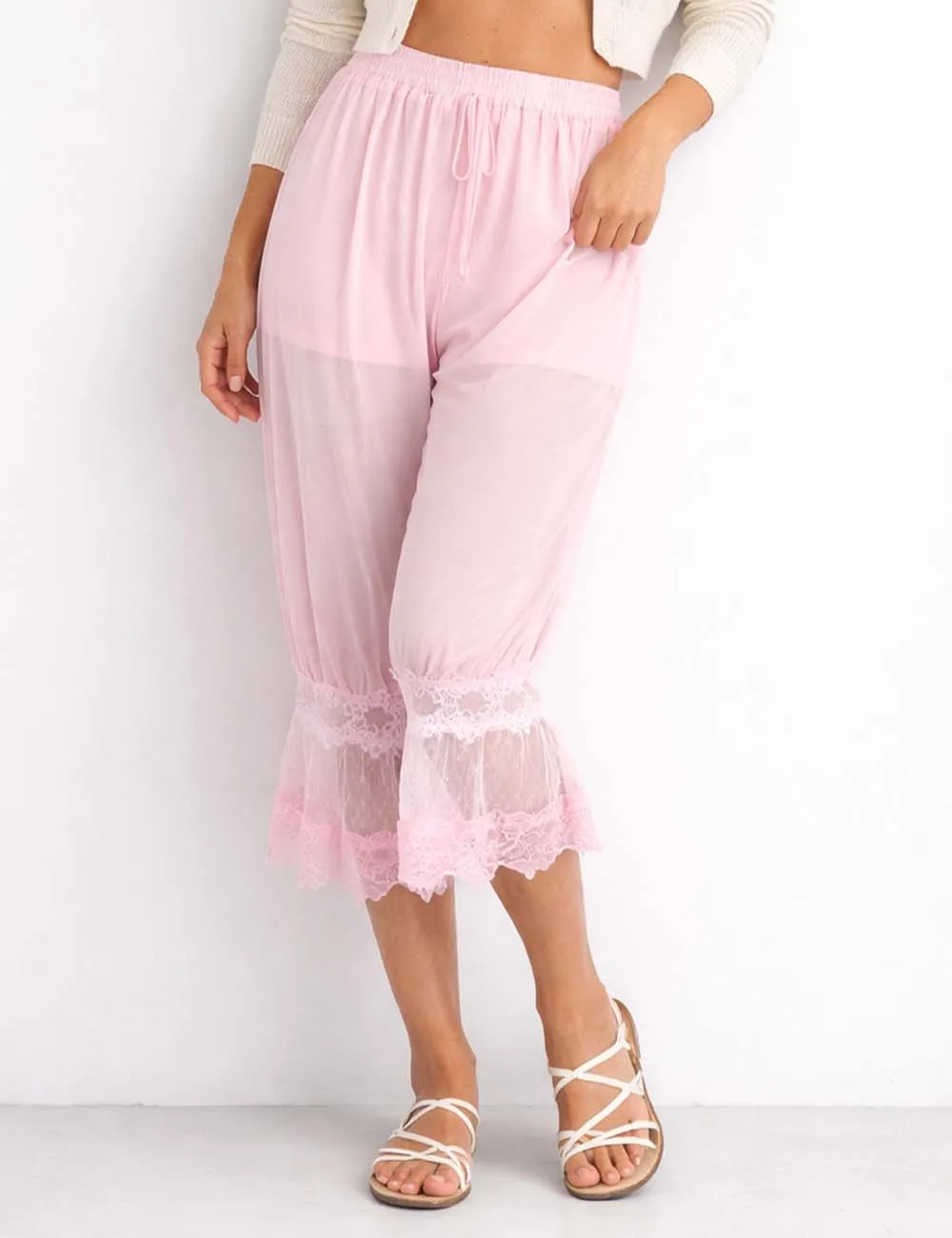 Sheer Lace Trim Bloomer Drawstring Waist Capri Pants