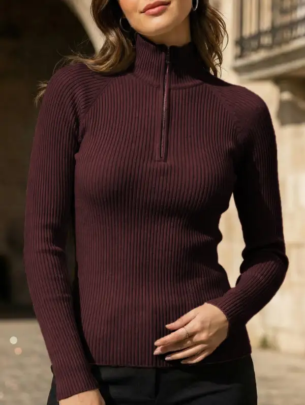 Zipper Collar Knitted Base Short Sleeve Shirt
