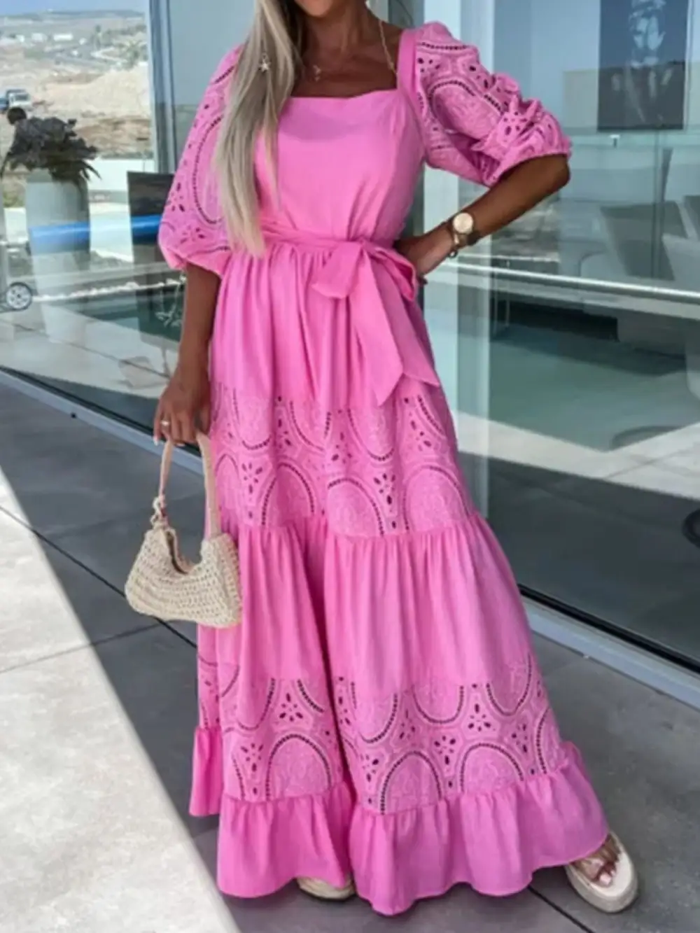 Lace Tie Waist Ruffle Maxi Dress