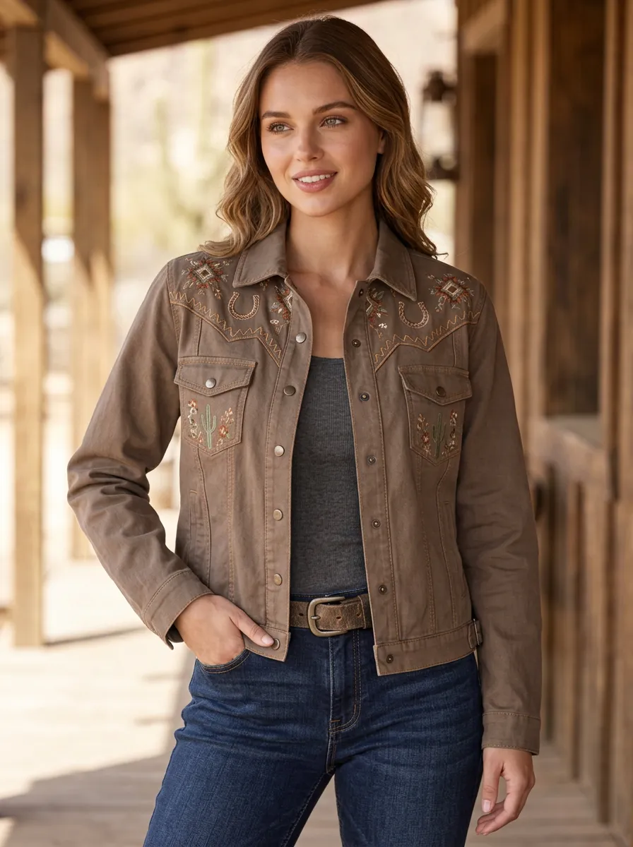 Women's Western Cowgirl Horseshoe Horse Cactus Embroidered Jacket
