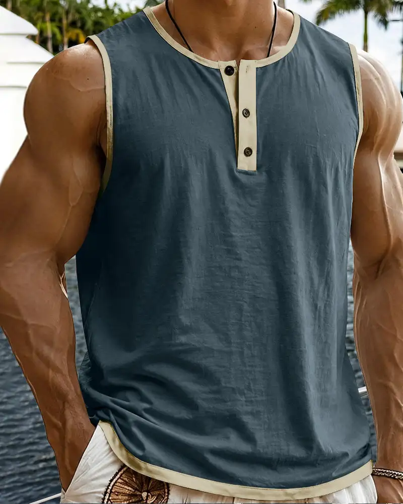 S Relaxed Contrast Trim Henley Sleeveless Tank Top