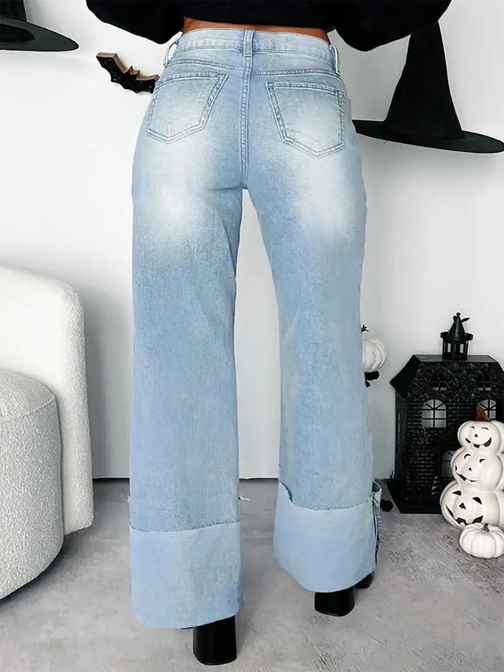 High Waisted Wide Leg Cuffed Hem Denim Jeans