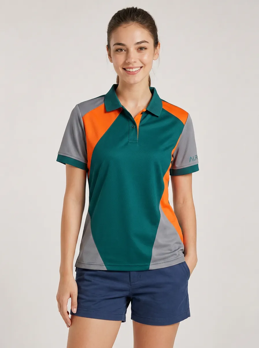 Women's Colorblock Sporty Green Orange Grey Printed Polo Shirt