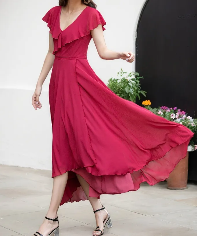 Refined Chiffon Ruffle V Neck Midi Dress