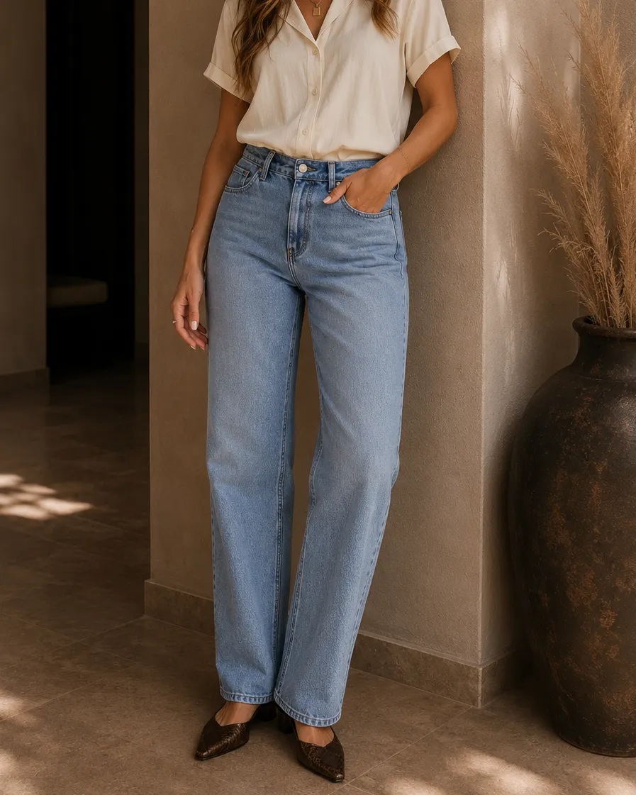 Mid Rise Polished Straight Leg Jeans