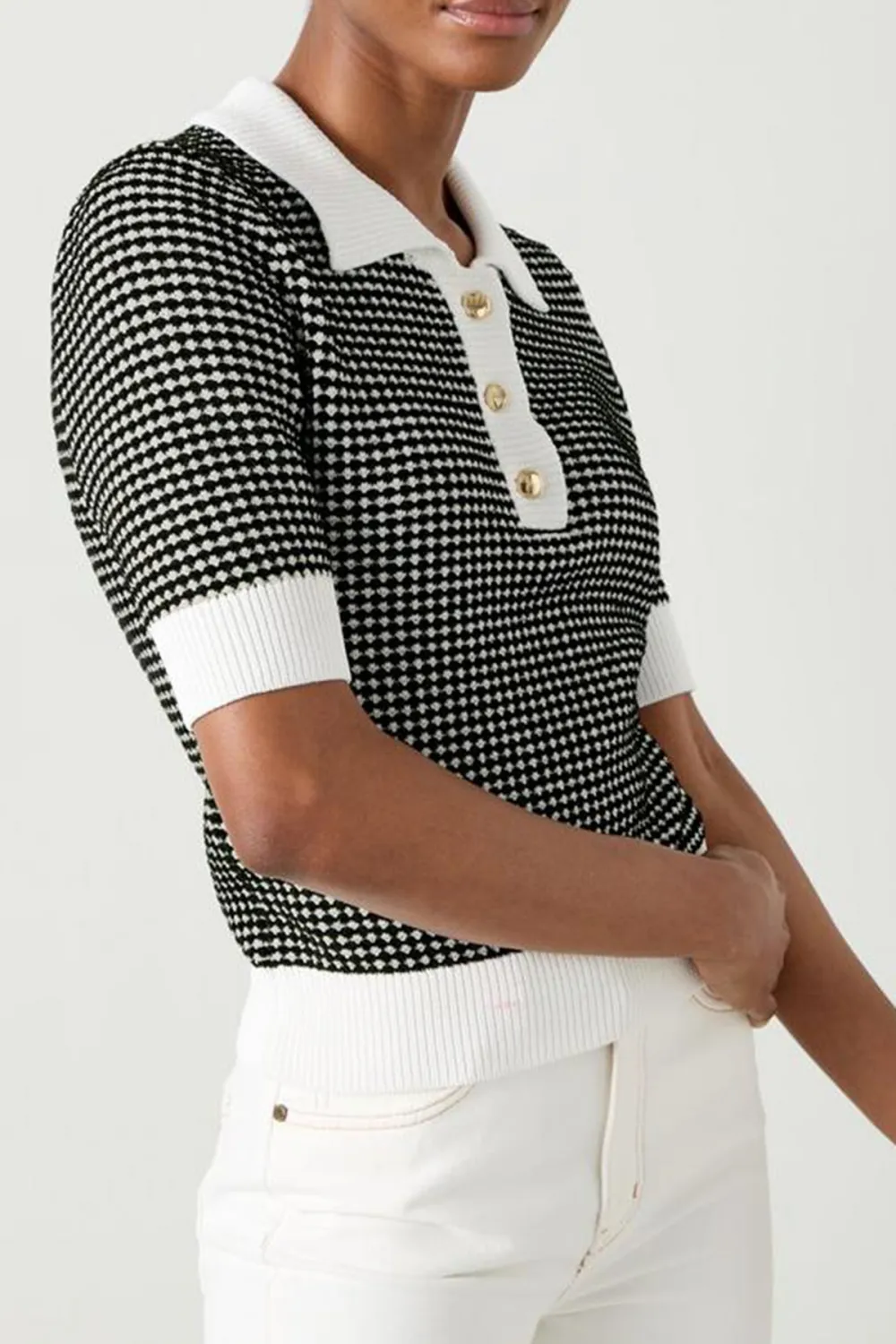 Black Cream Checkered Polo Collar Short Sleeve Knit