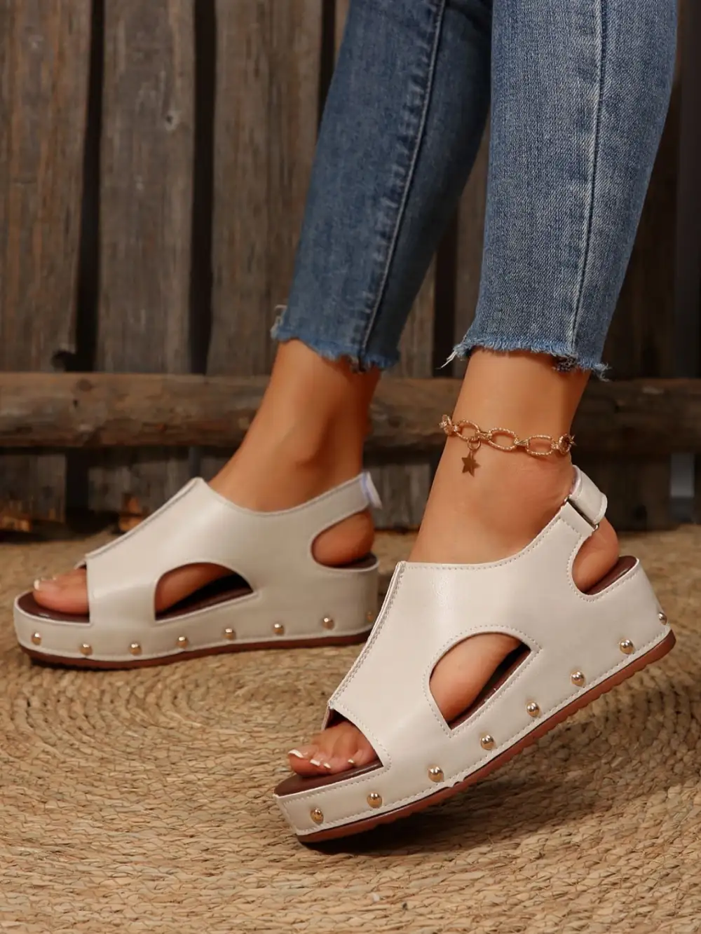 Pu Leather Studded Wedge Sandals